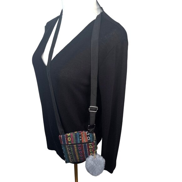 2/$30 Crossbody Bag Multicolor Stripes Gray Faux Mink Pom Pom Keychain NWT - Picture 3 of 11